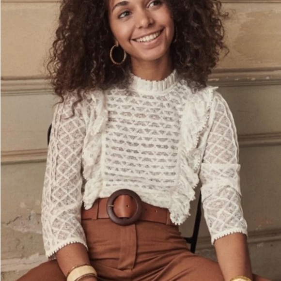 Sézane Emma Pleated Ruffle Front Lace 3/4 Sleeve Blouse | Sz Small | Ecru White - Picture 1 of 13